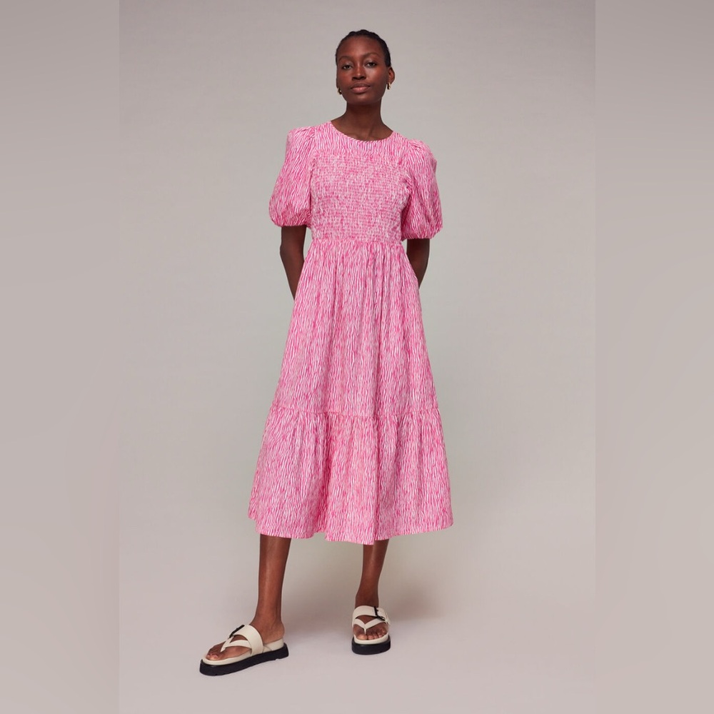 Whistles Pink Smocked Bodice Puff-Sleeve Full Cotton Natural Fiber Midi Dress